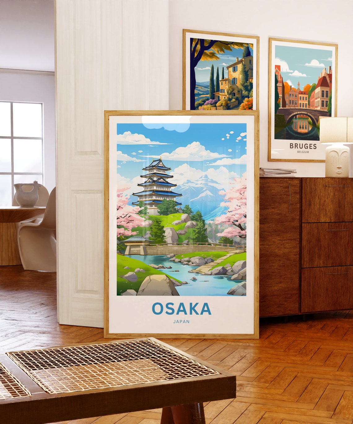 Osaka Japan Castle Hill Cherry Blossom River Bridge Travel Poster Art - Image 5