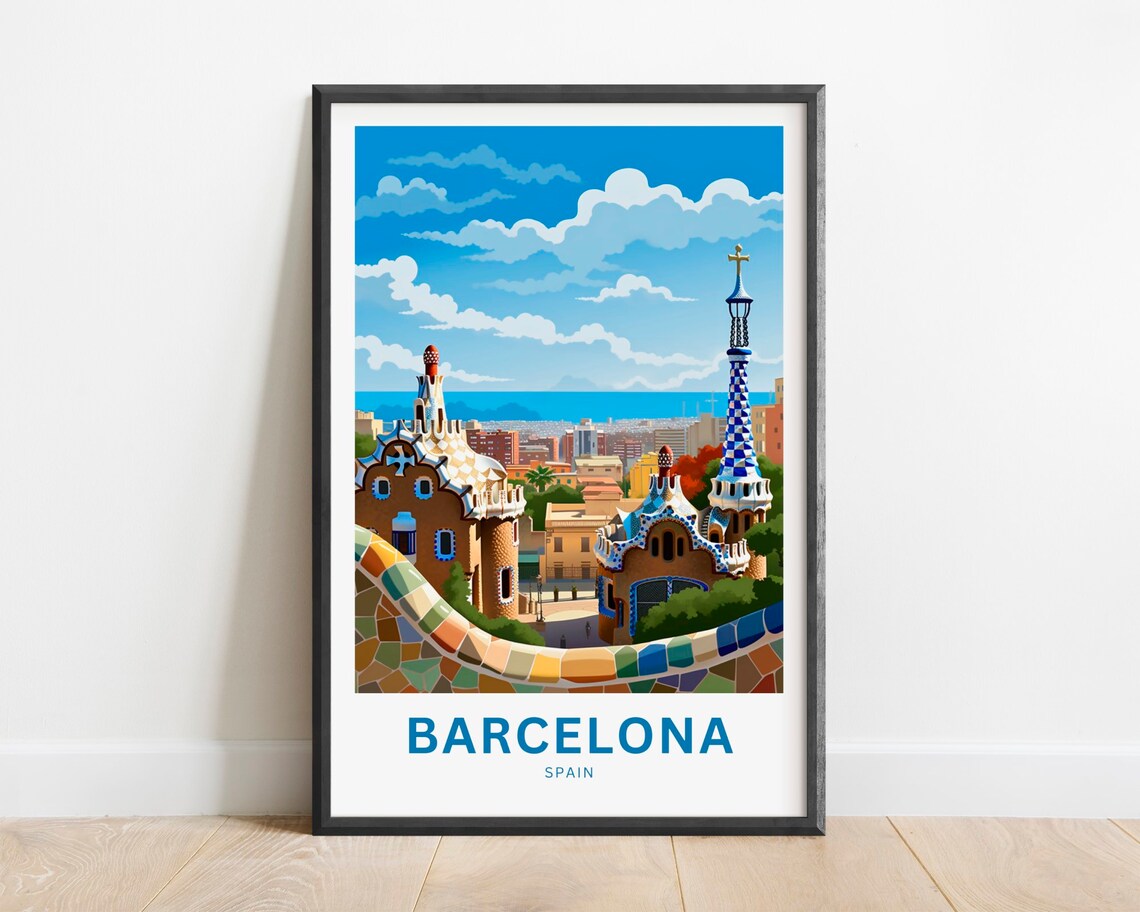 Barcelona Spain Park Guell Gaudi Mosaic Terrace View Travel Poster