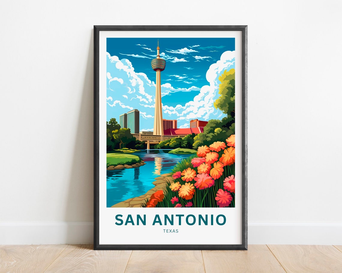 San Antonio Texas Tower River Walk Blooms Vintage Travel Poster