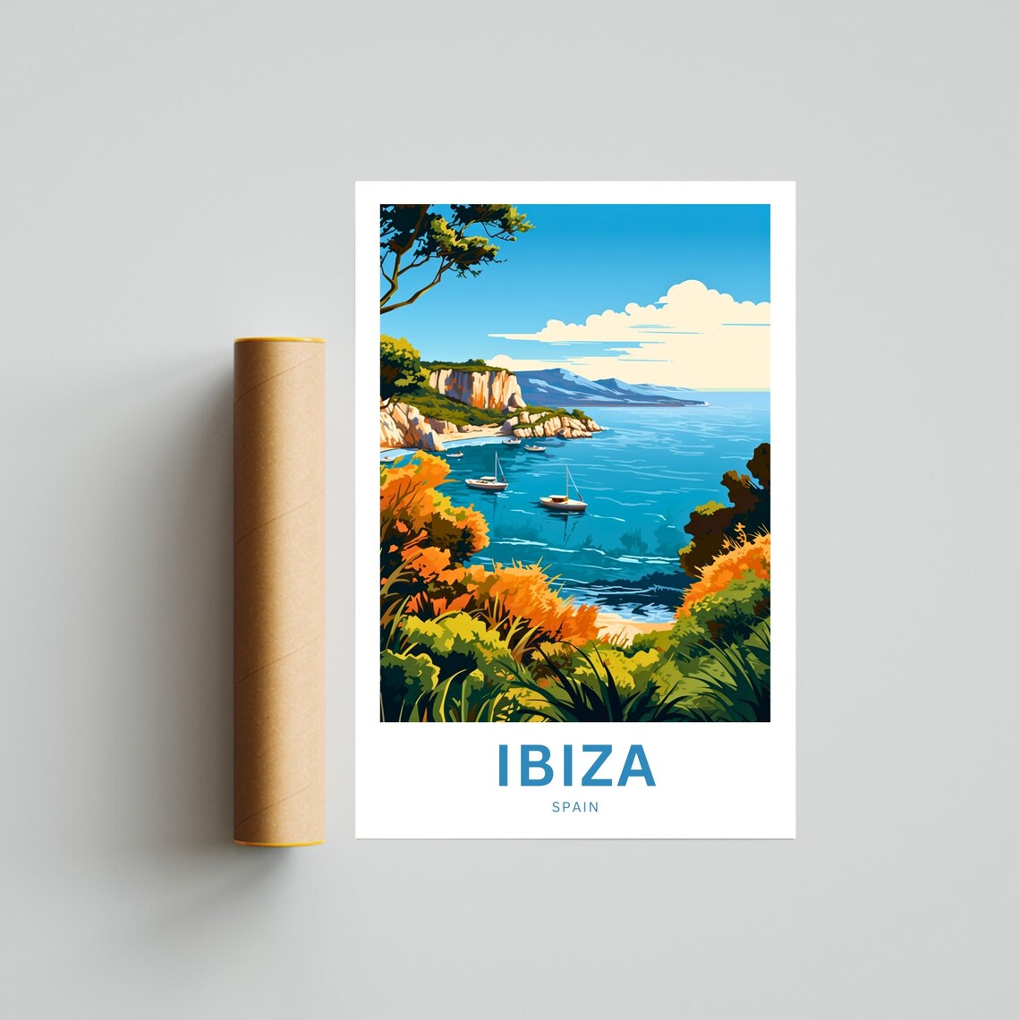 Ibiza Secluded Cove Boats Cliffs Golden Foliage Spain Travel Poster - Image 4