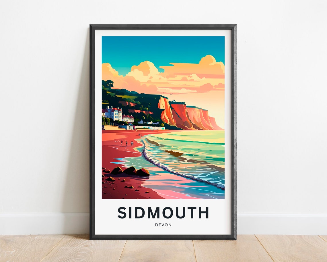 Sidmouth Devon Red Cliffs and Sandy Beach Beside Seaside Town Poster