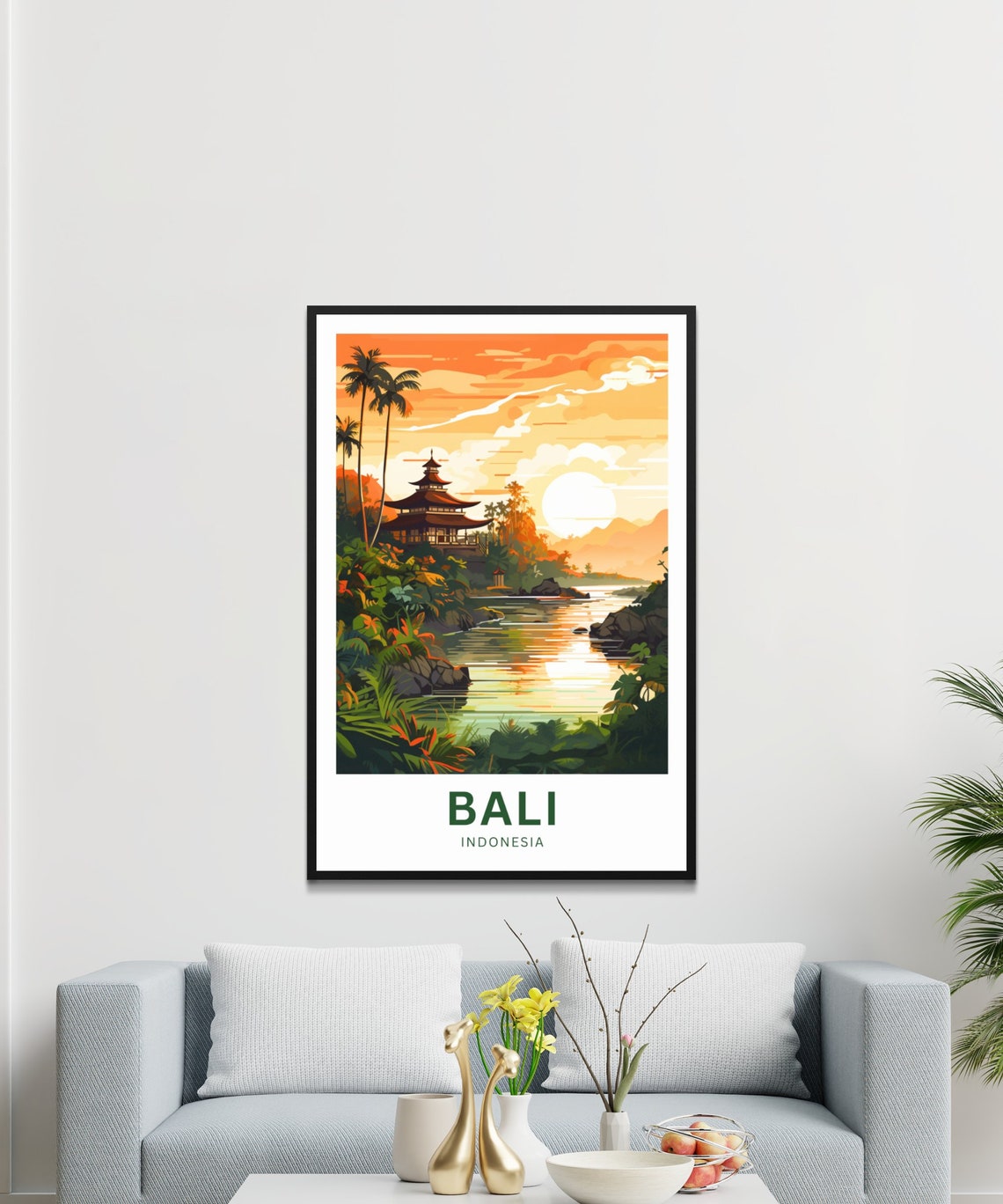 Bali Indonesia Sunset Temple Palm River Landscape Travel Poster - Image 3