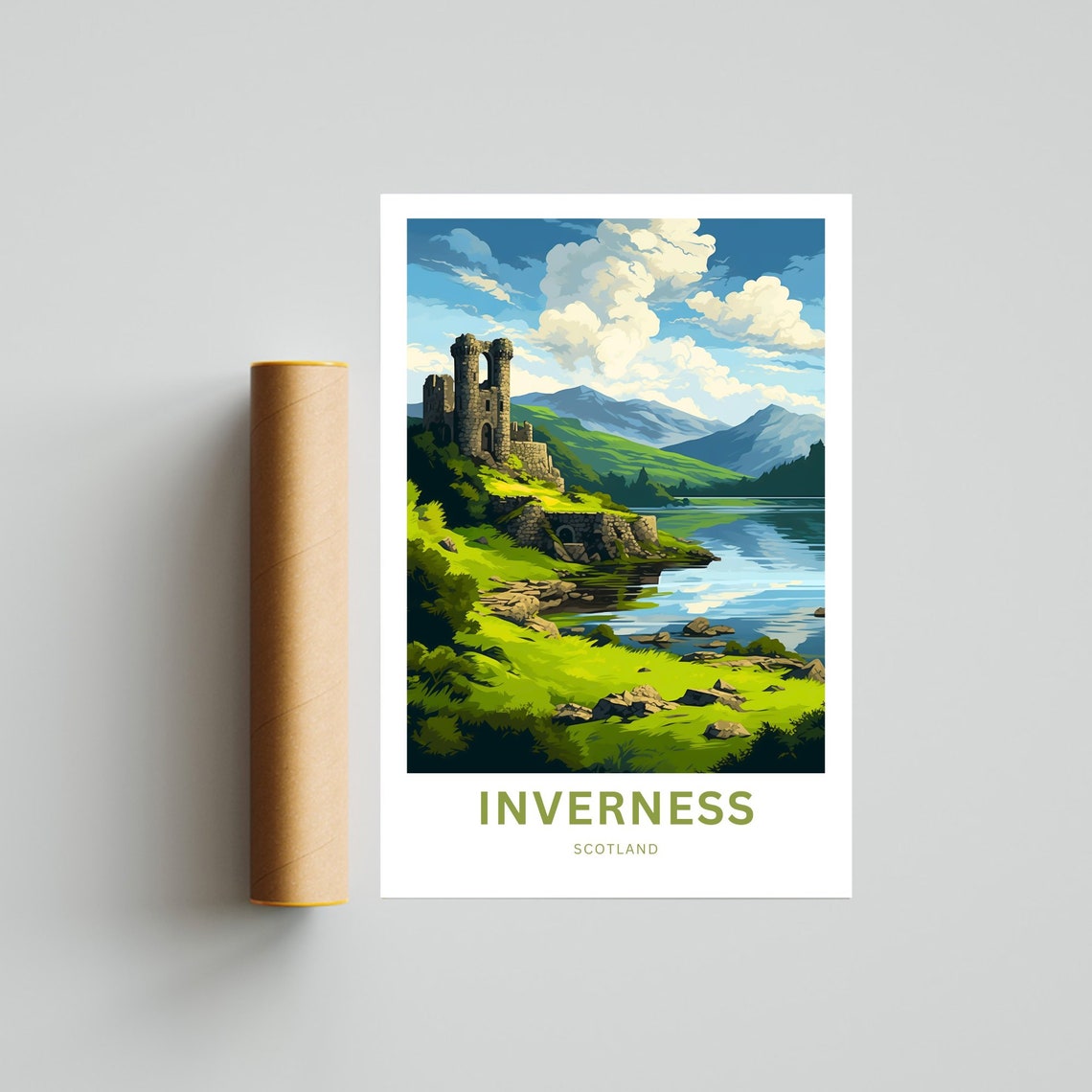Inverness Scotland Castle Ruins Loch Shore Retro Travel Art Poster - Image 2