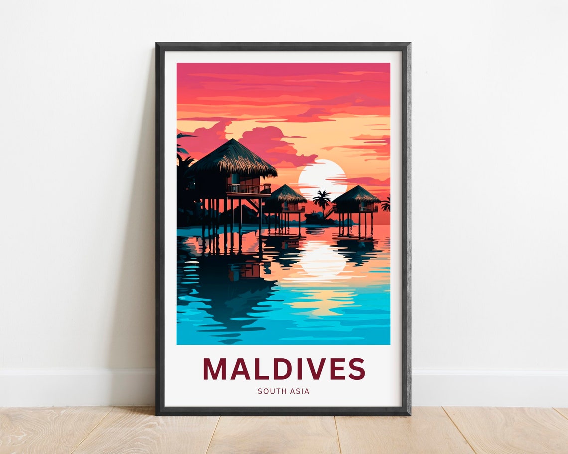 Maldives Pink Sunset Overwater Villas Lagoon Reflection Travel Poster