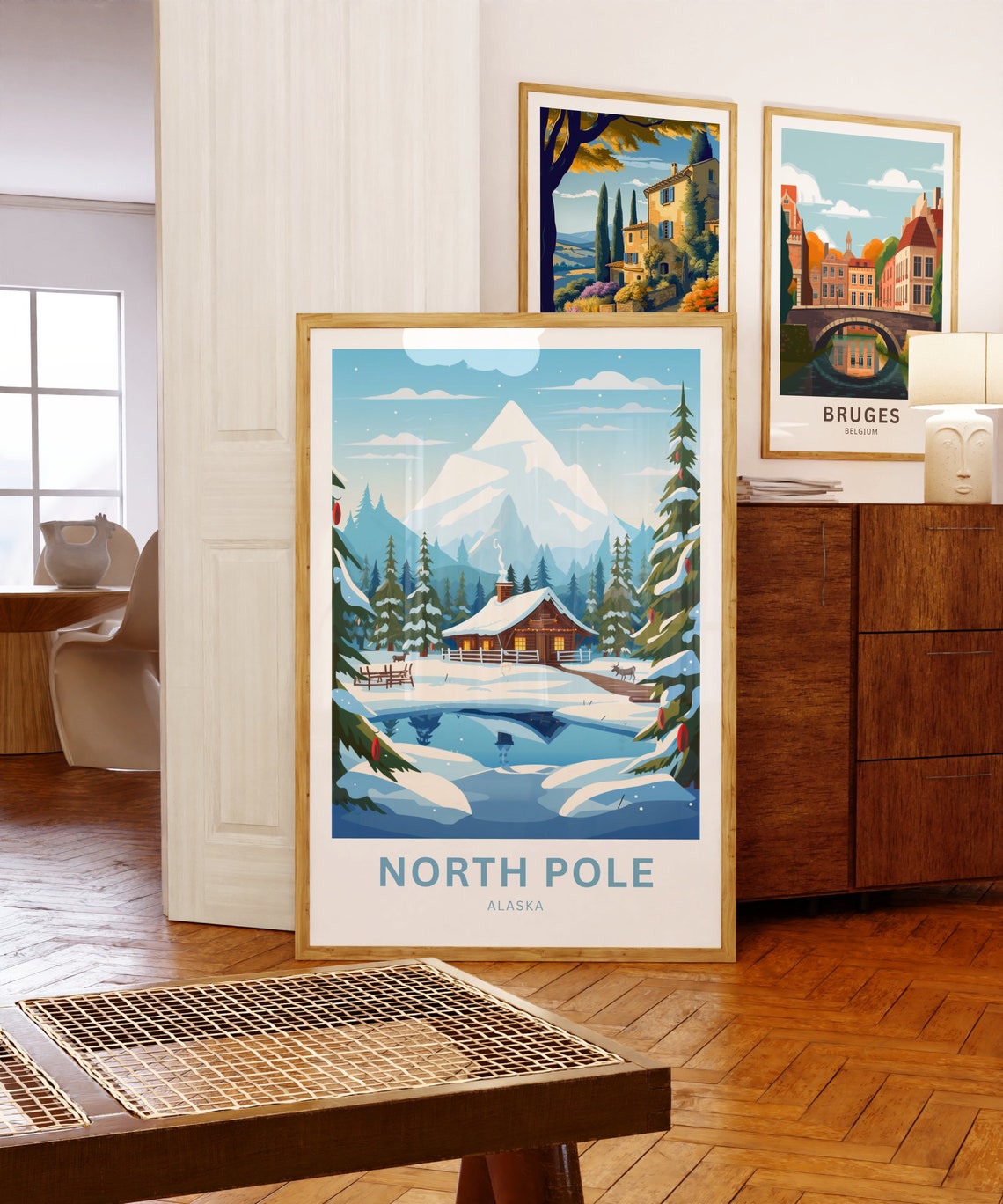 North Pole Alaska Custom Text Snowy Cabin Reindeer Travel Poster - Image 5