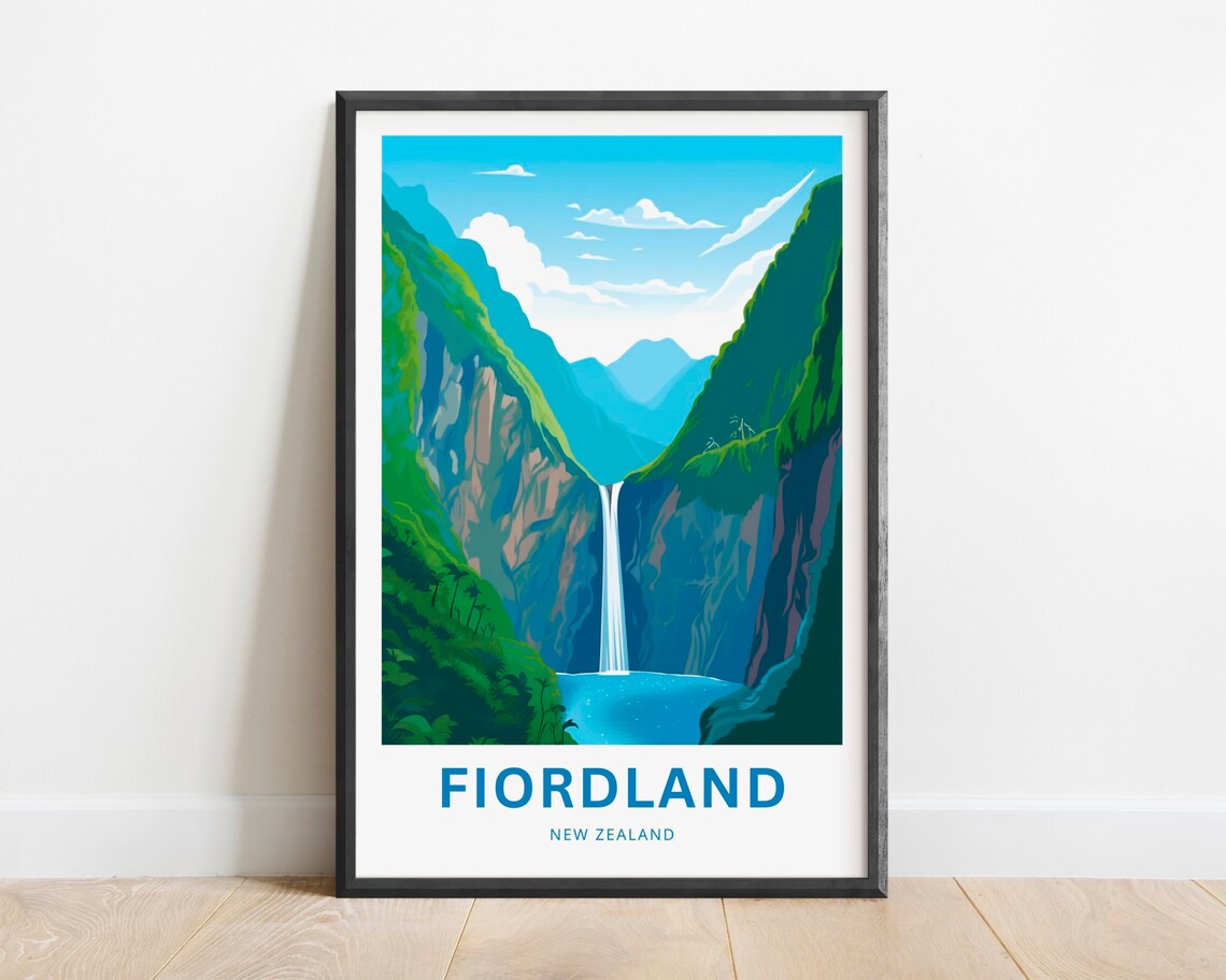 Fiordland New Zealand Tall Waterfall Green Valley Travel Poster