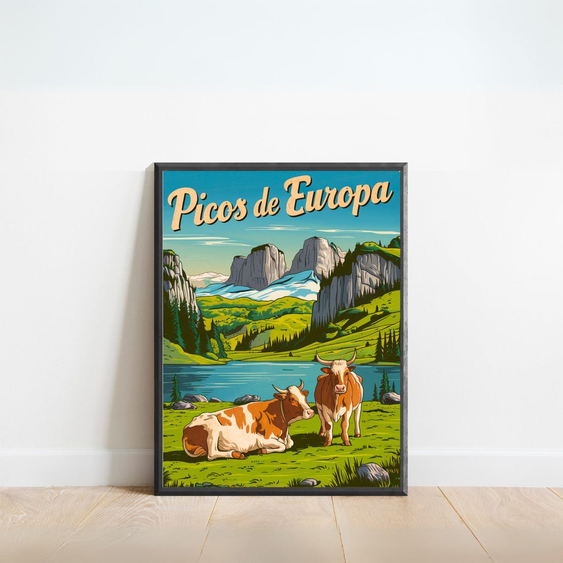 Picos de Europa Spain Vintage Travel Poster Alpine Cows Meadow