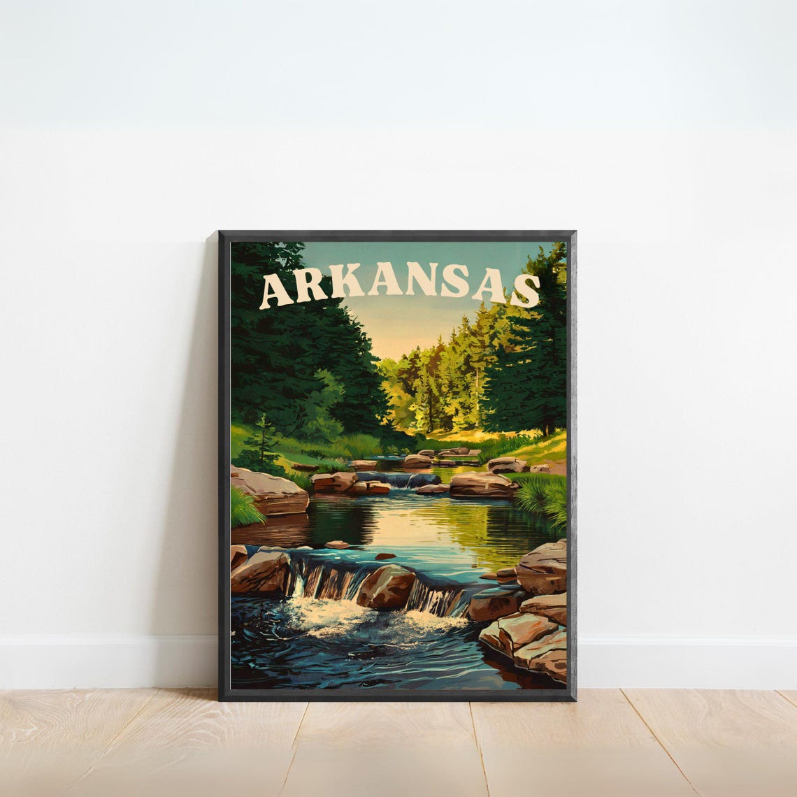 Arkansas Rocky Pine Forest Stream Falls Vintage Travel Poster