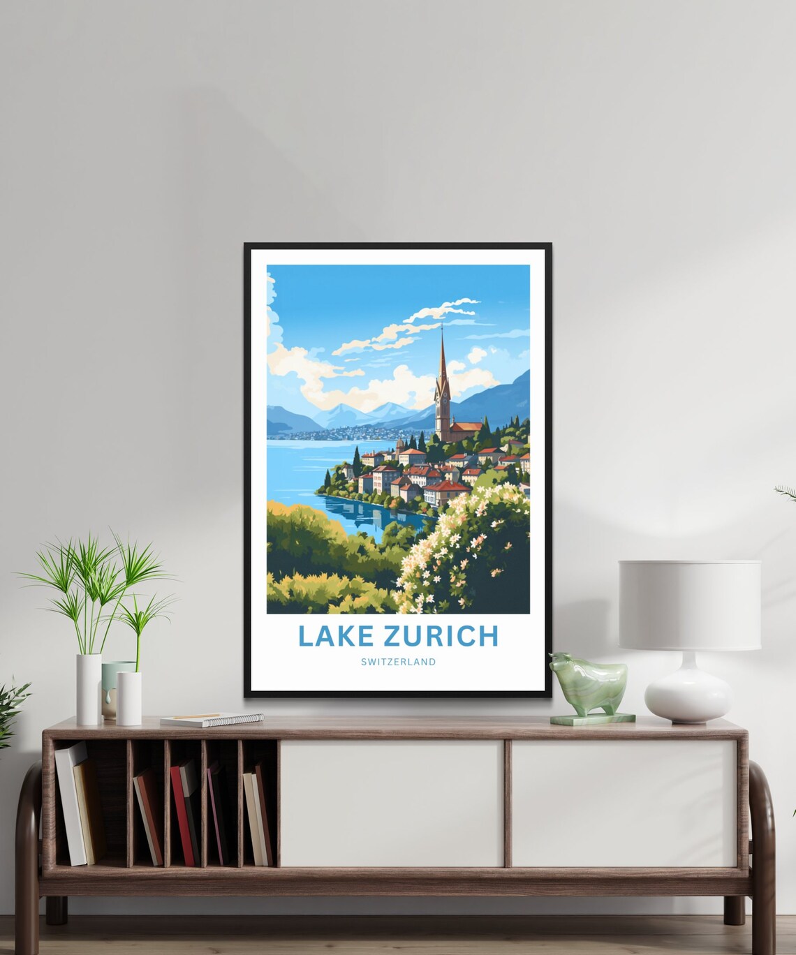 Lake Zurich Switzerland Lakeside Town Church Spire Hills Travel Poster - Image 2