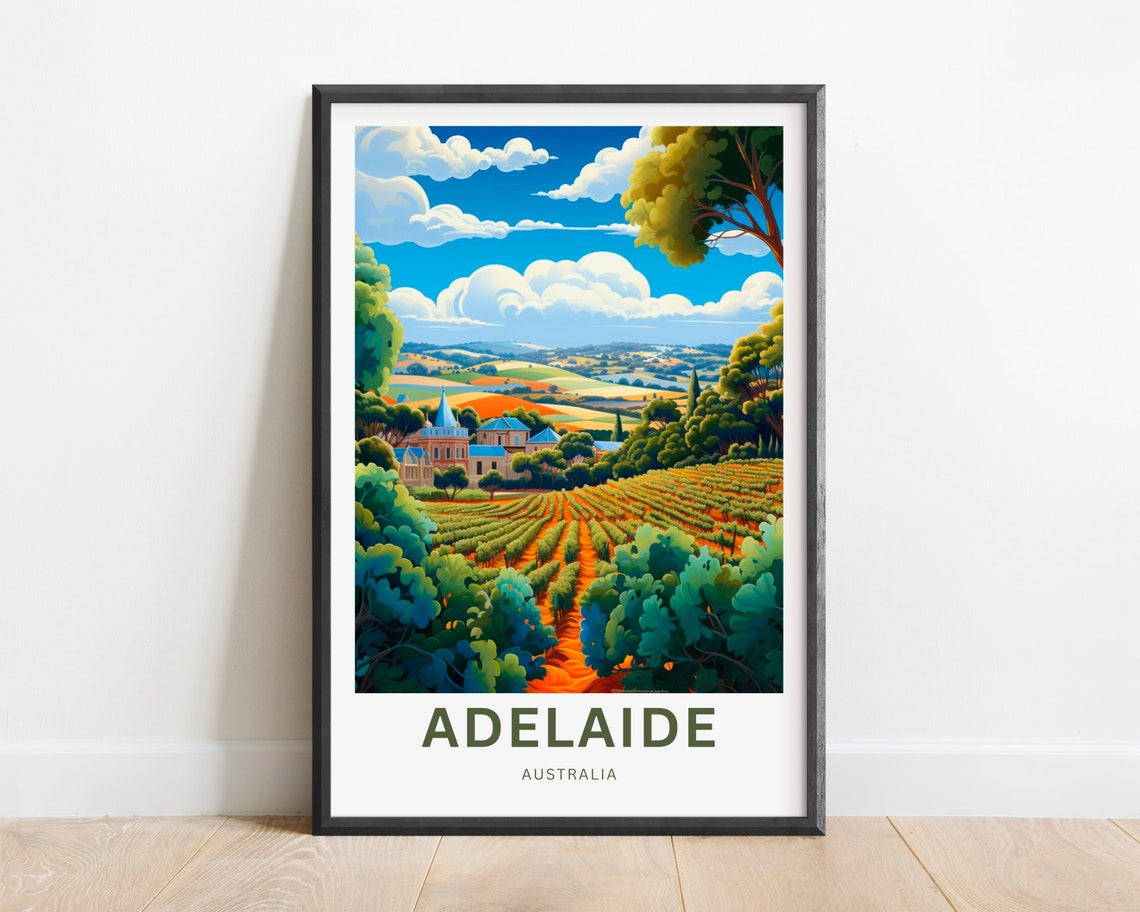 Adelaide Australia Rolling Vineyard Country Church Travel Poster