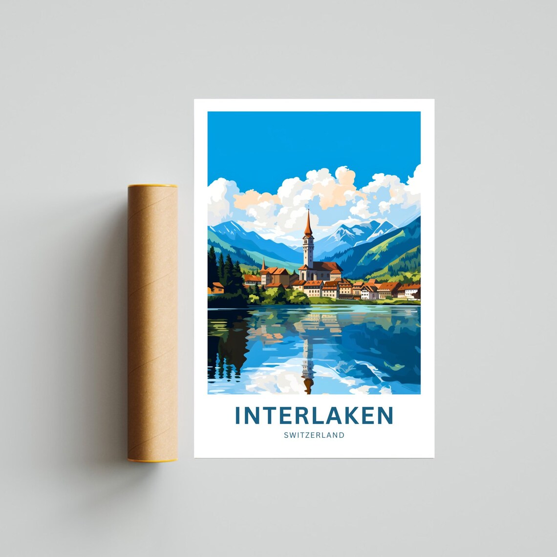 Interlaken Switzerland Lakeside Church Alpine Reflection Travel Poster - Image 4