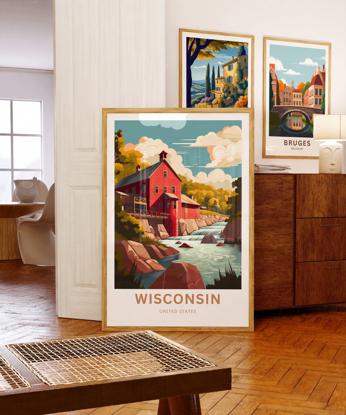Wisconsin United States Historic Red Mill River Rapids Travel Poster - Image 5