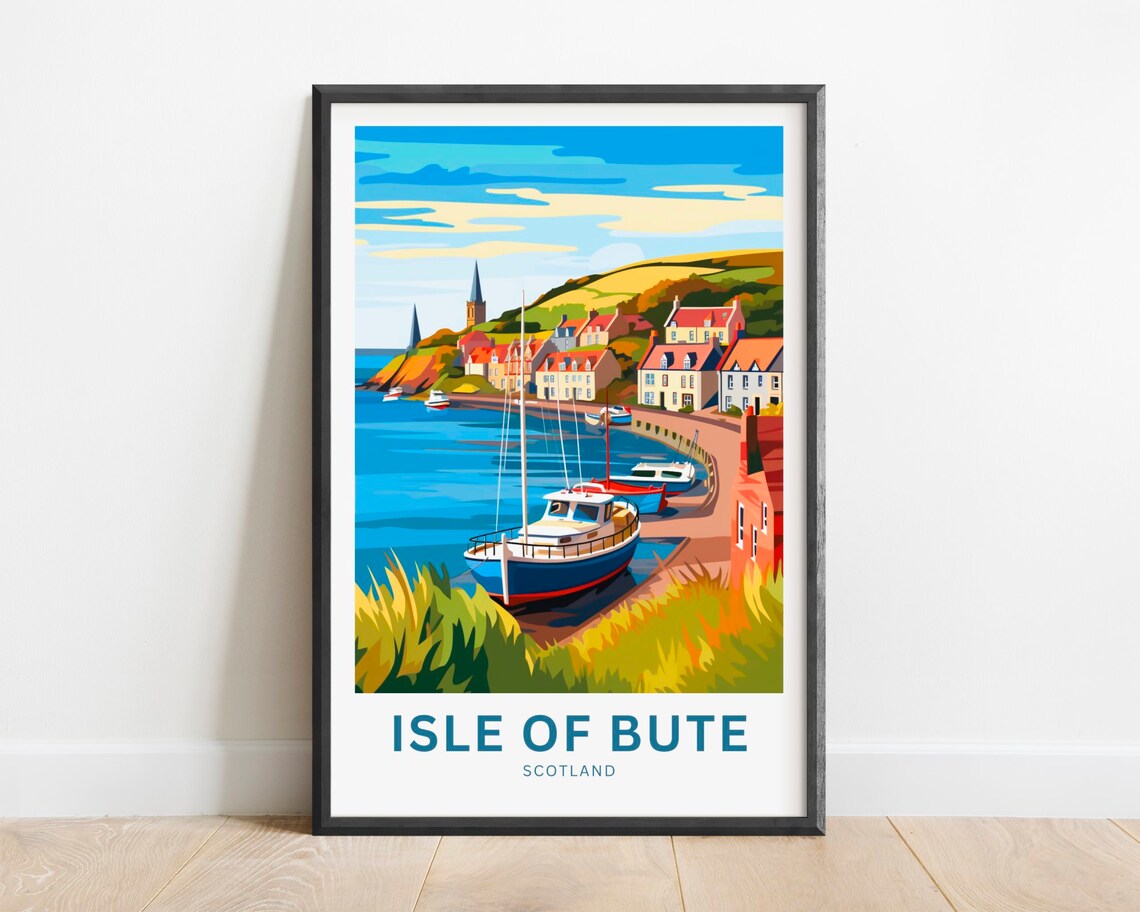 Isle Of Bute Scotland Seaside Harbor Boats Retro Travel Print