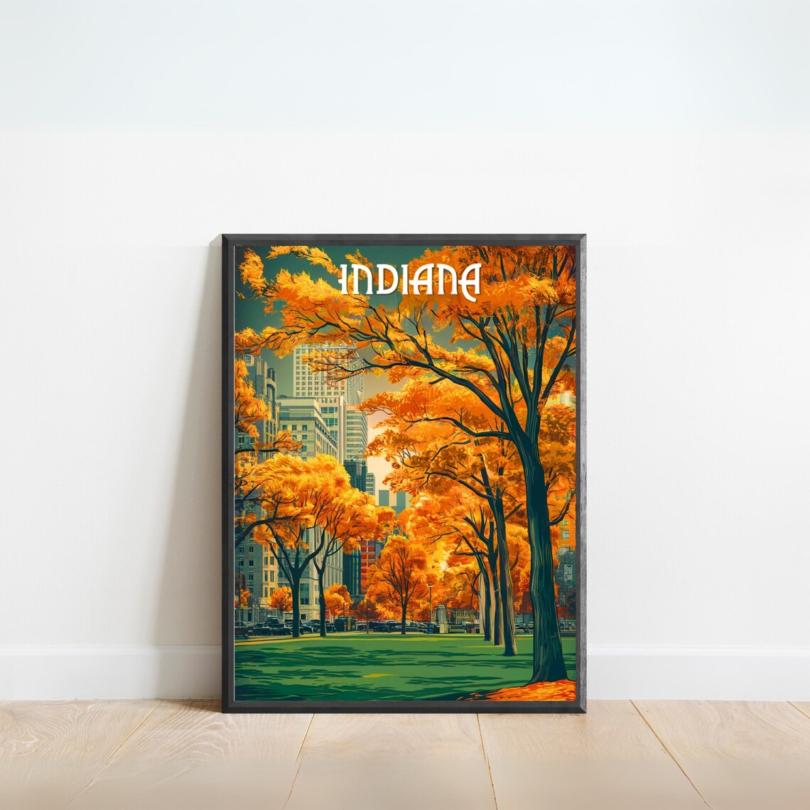Indiana Autumn Fall Foliage City Park Golden Trees Travel Poster