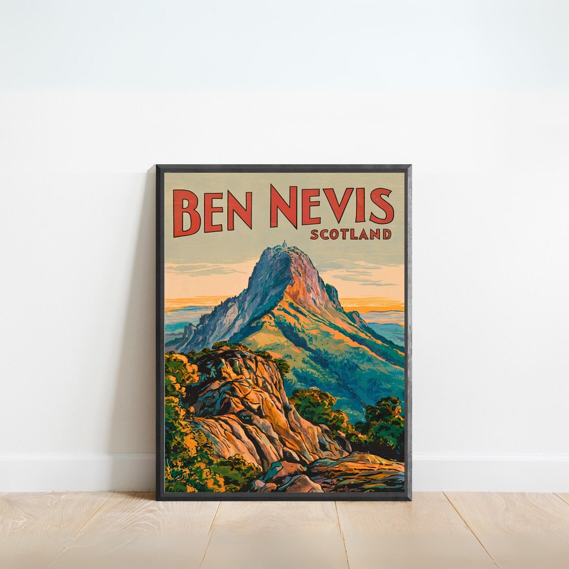 Ben Nevis Scotland Rocky Summit Sunset Vintage Travel Poster