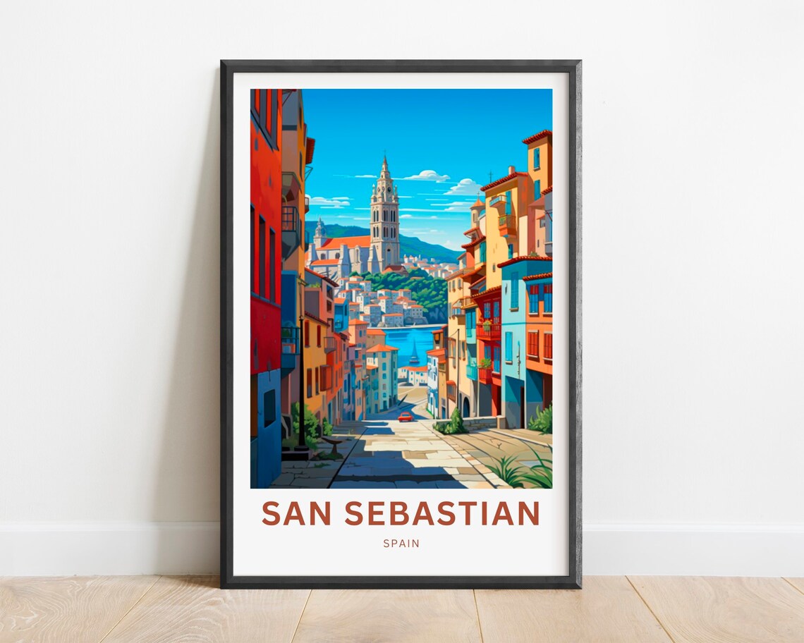 San Sebastian Spain Old Town Street Bay View Vintage Travel Poster
