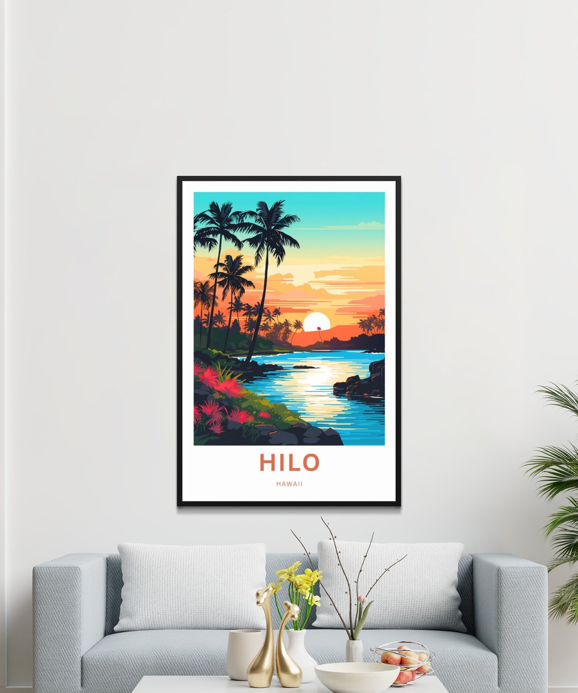 Hilo Hawaii Sunset Palm Trees Over Ocean Bay Retro Travel Poster - Image 3