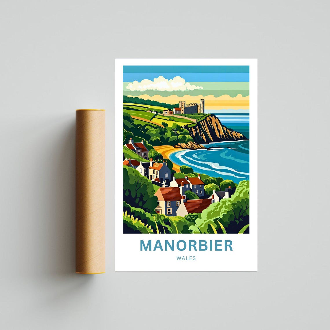 Manorbier Wales Cliffside Castle Village Coastal Travel Poster - Image 3