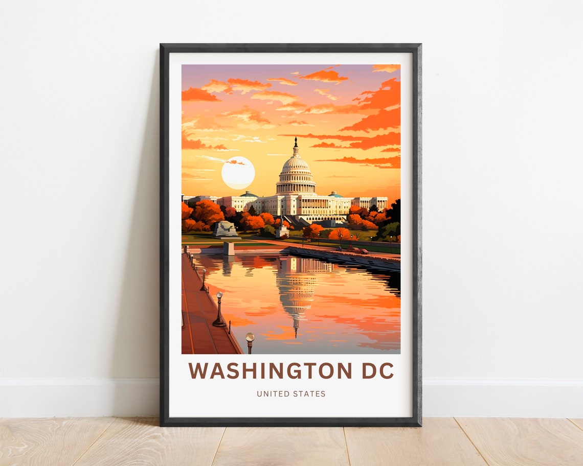 Washington DC US Capitol Sunset Reflection Pool Travel Poster