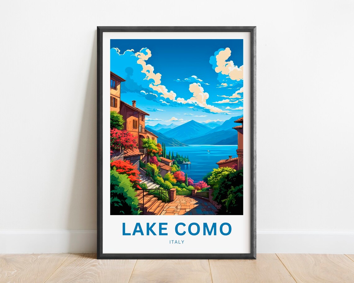 Lake Como Italy Stone Stair Path Colorful Village Travel Poster