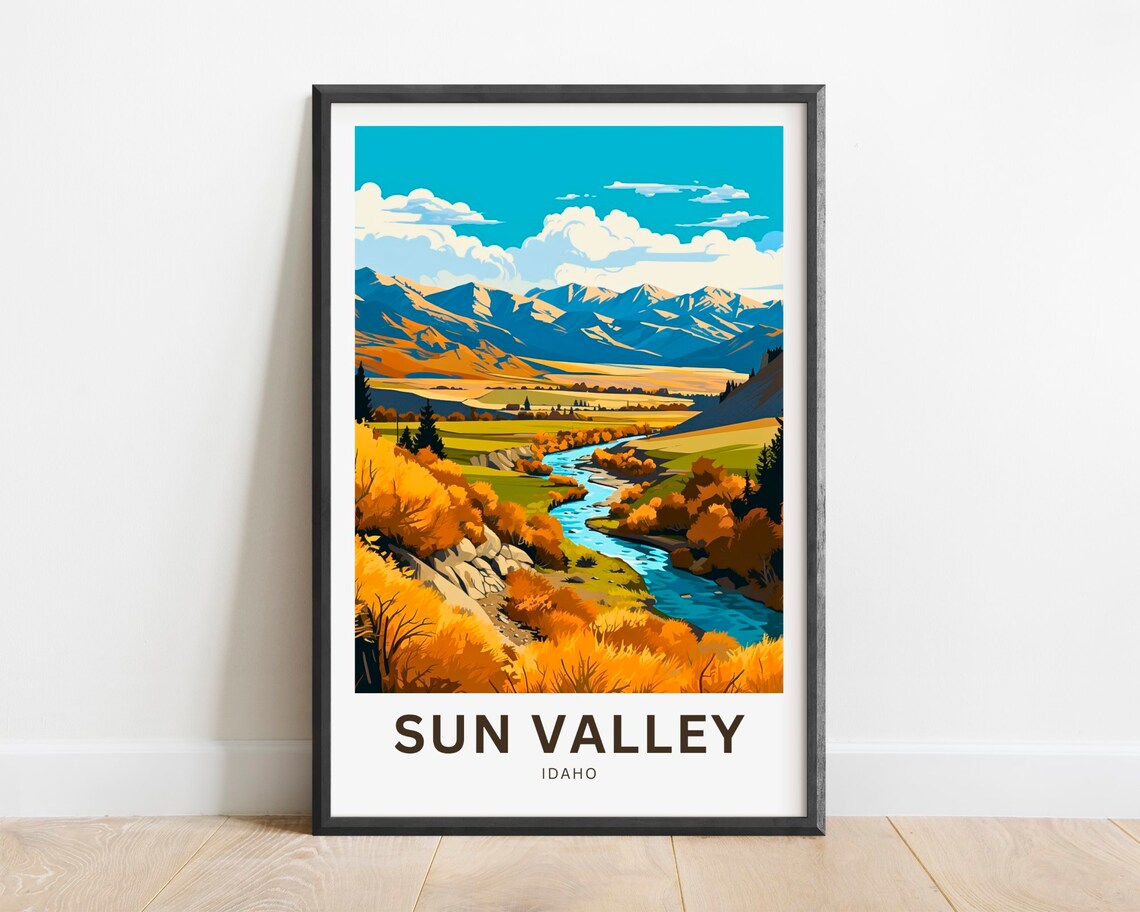Sun Valley Idaho Travel Poster Autumn River Valley Mountain Art