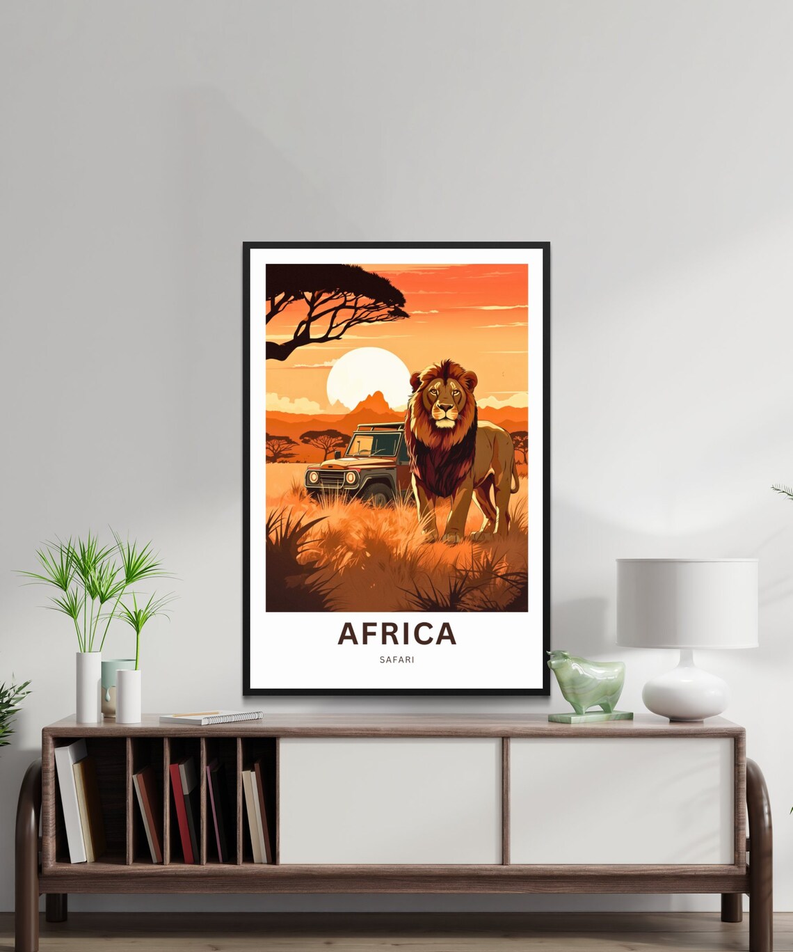 Africa Safari Lion Standing by Safari Jeep at Dusk Scene Poster - Image 2
