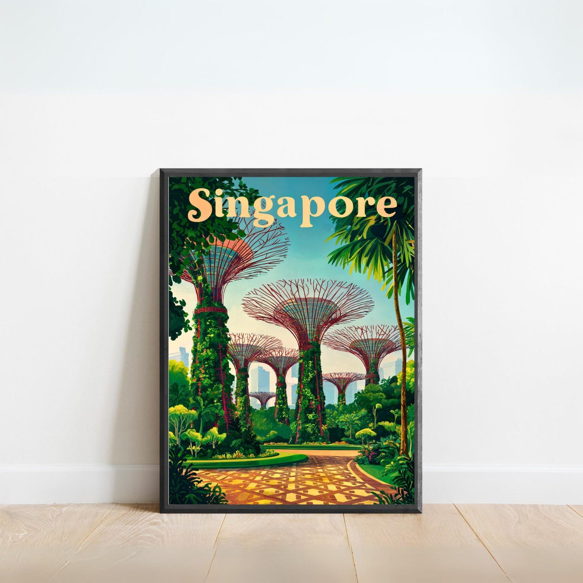 Singapore Supertree Grove Gardens Retro Script Vintage Travel Poster