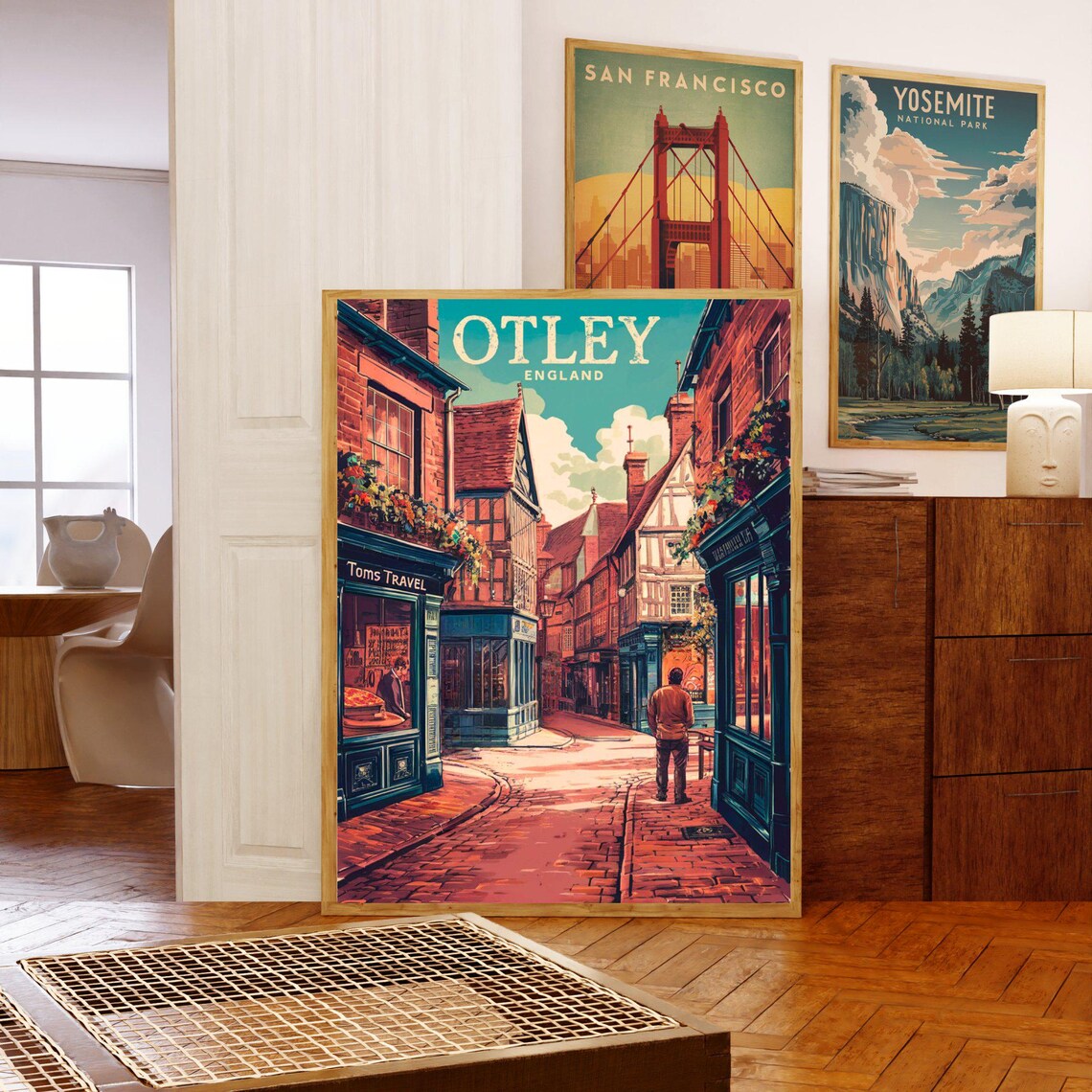 Otley England Historic Cobbled Street Shops Vintage Travel Poster - Image 5