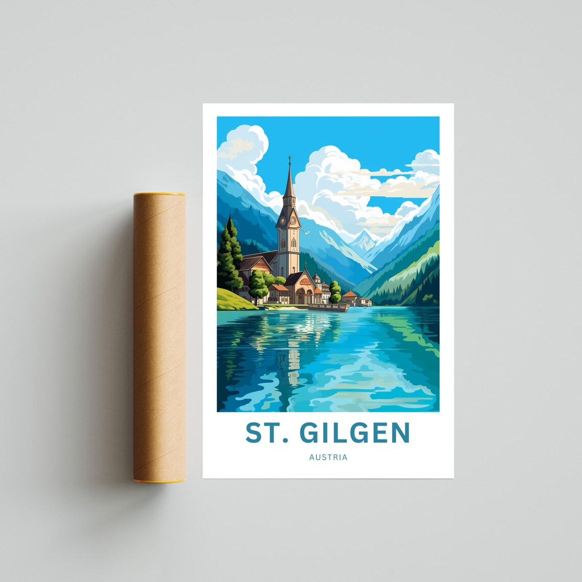 St. Gilgen Austria Lakeside Church Reflection Travel Art Poster - Image 4