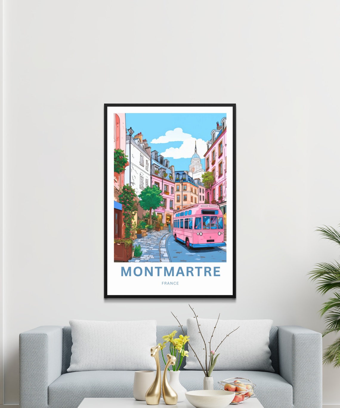 Personalized Montmartre Paris Pink Bus Vintage Street Scene Poster - Image 3