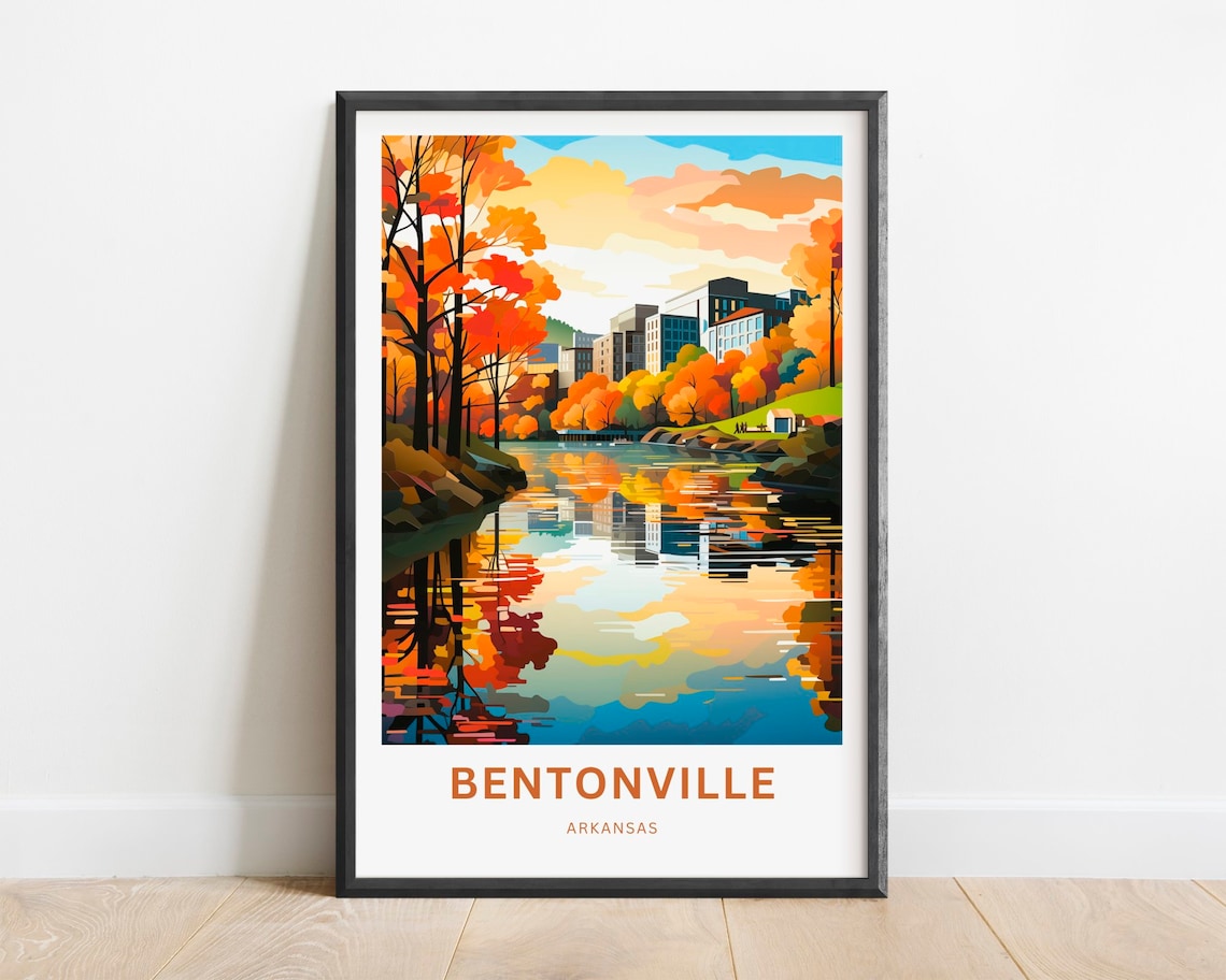 Bentonville Arkansas Autumn Lake Reflection Skyline Travel Poster