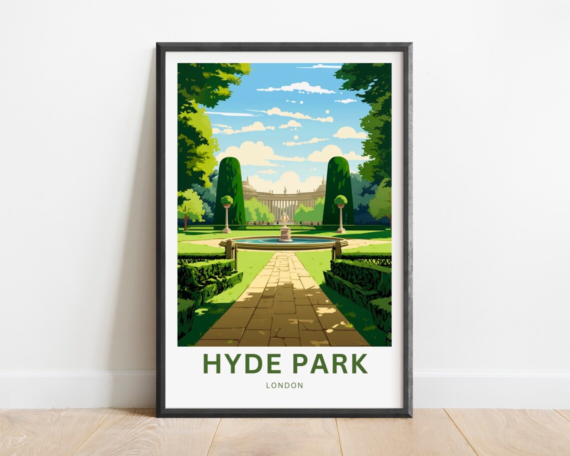 Hyde Park London Sunny Garden Fountain Vintage Travel Poster