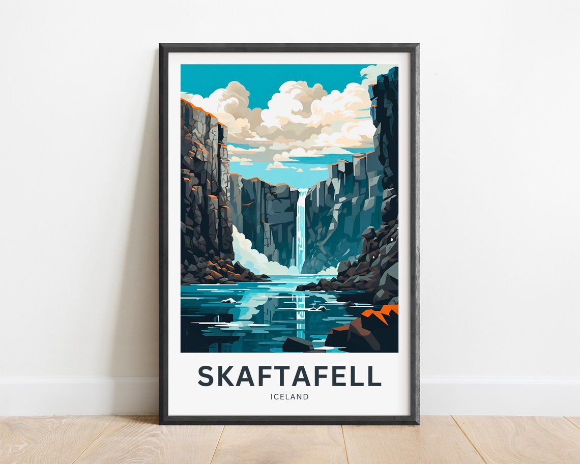 Skaftafell Iceland Canyon Waterfall Mirror Lake Scene Travel Poster
