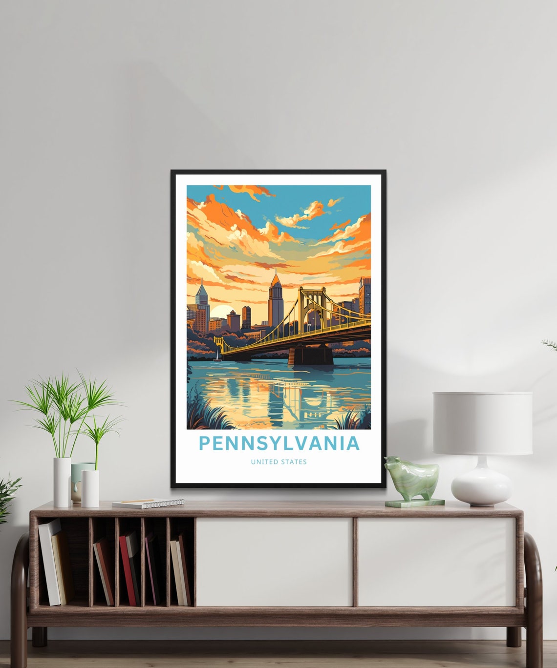 Pennsylvania United States Yellow Bridge Sunset River Travel Poster - Image 2