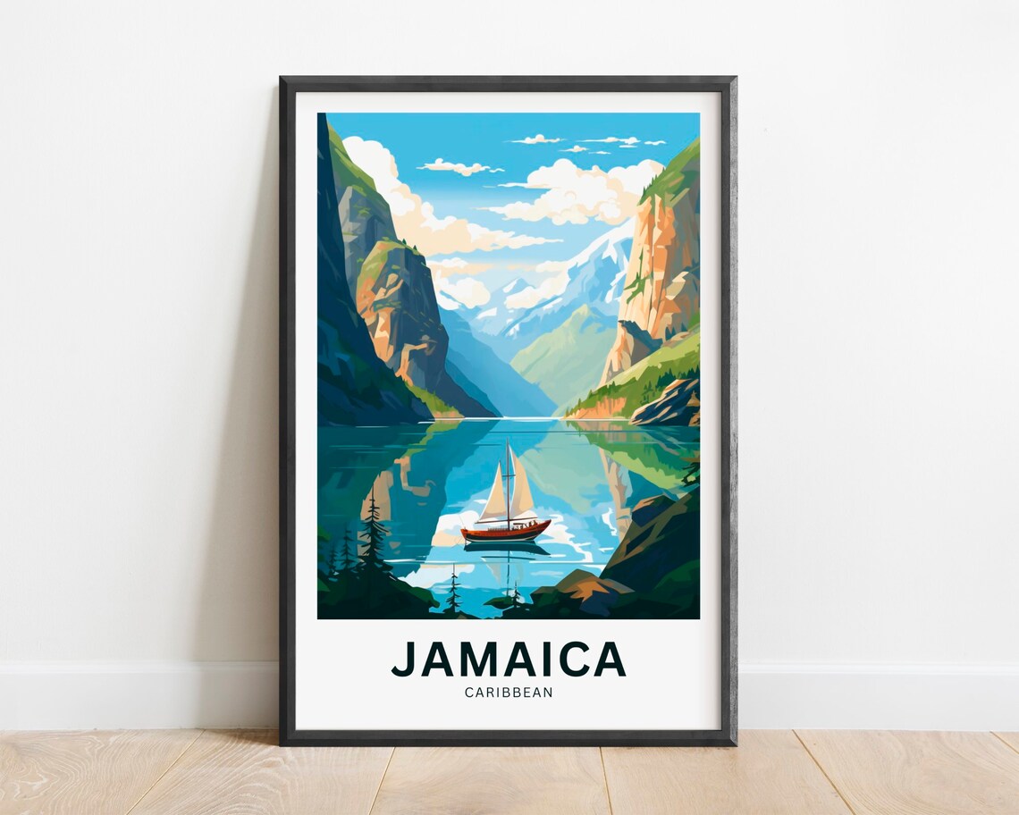 Jamaica Caribbean Sailboat on Glassy Mountain Lake Retro Travel Poster