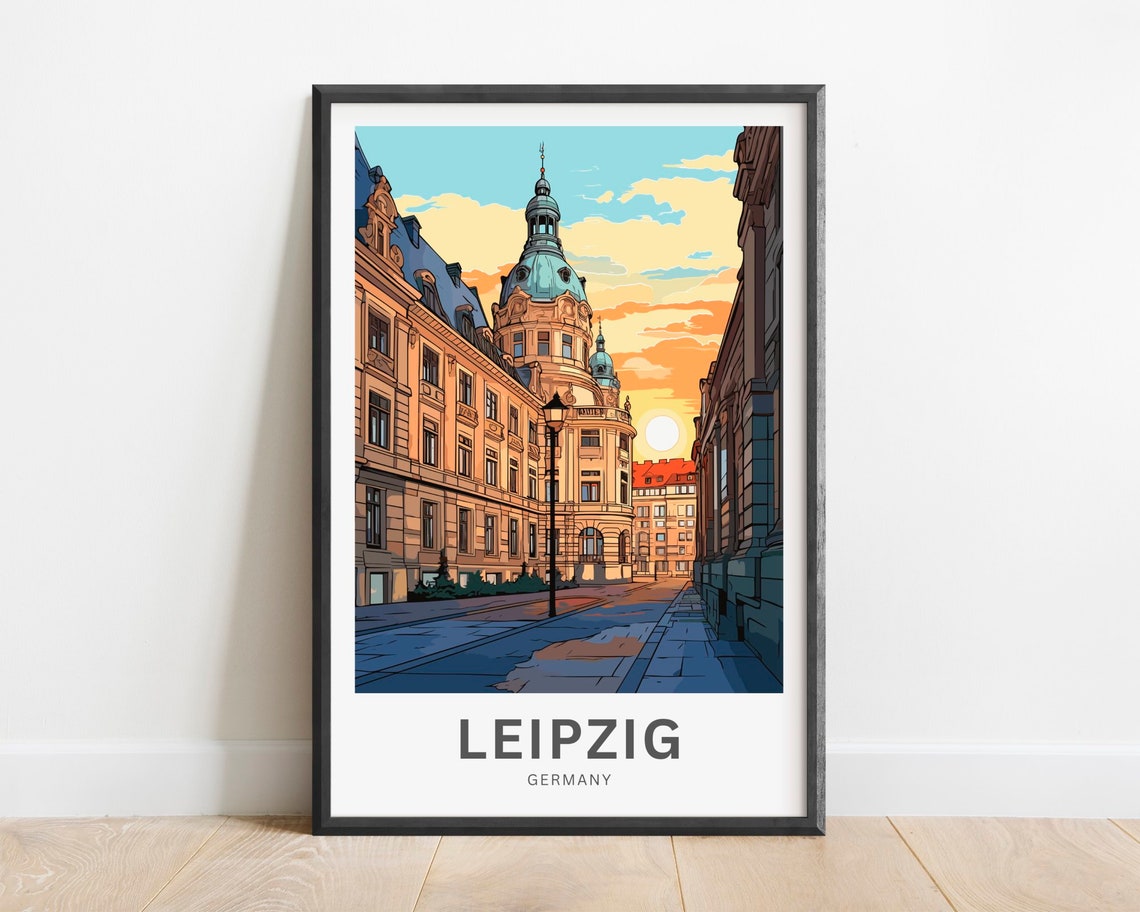 Leipzig Germany Historic Street Sunset Dome Building Travel Poster