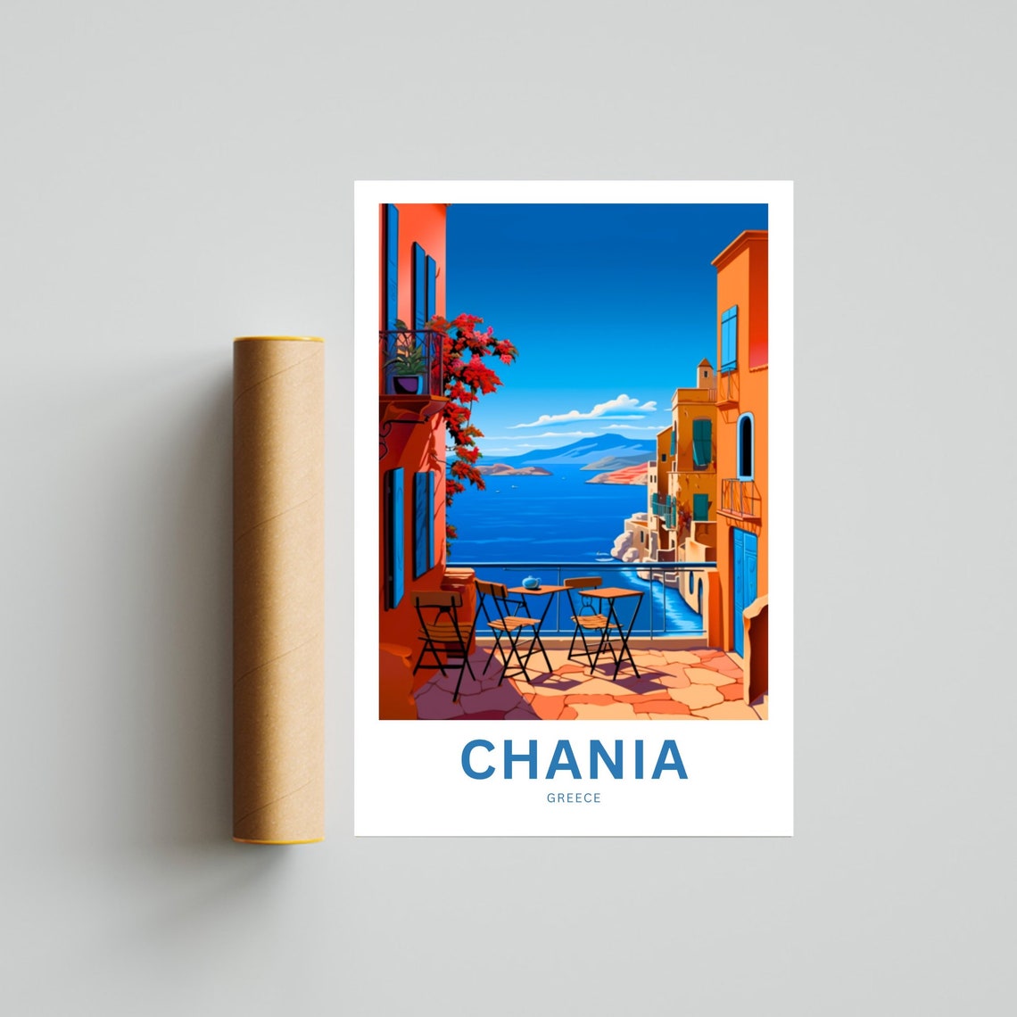 Chania Greece Vibrant Seaside Terrace Cafe Ocean Travel Poster - Image 4