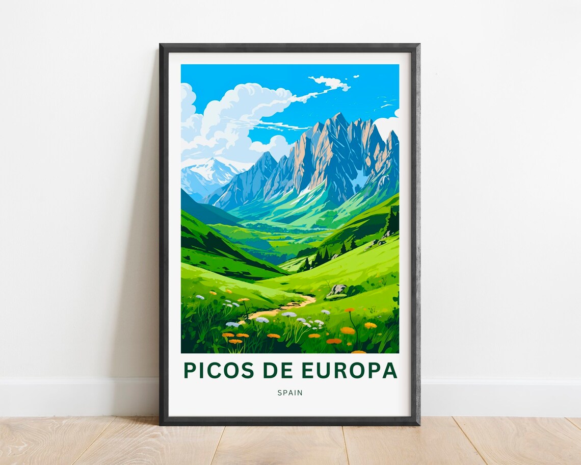 Picos De Europa Spain Green Alpine Valley Bold Travel Poster