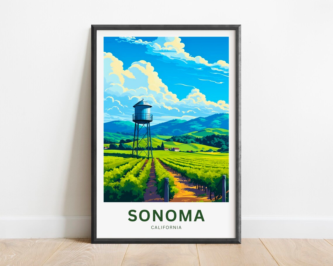 Sonoma California Vineyard Water Tower Wine Country Travel Poster