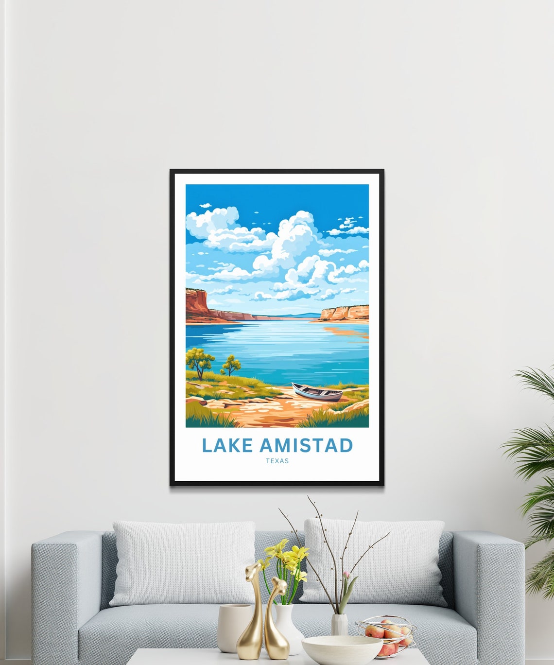 Lake Amistad Texas Lonely Rowboat on Sandy Shore Lake Scene Poster - Image 3