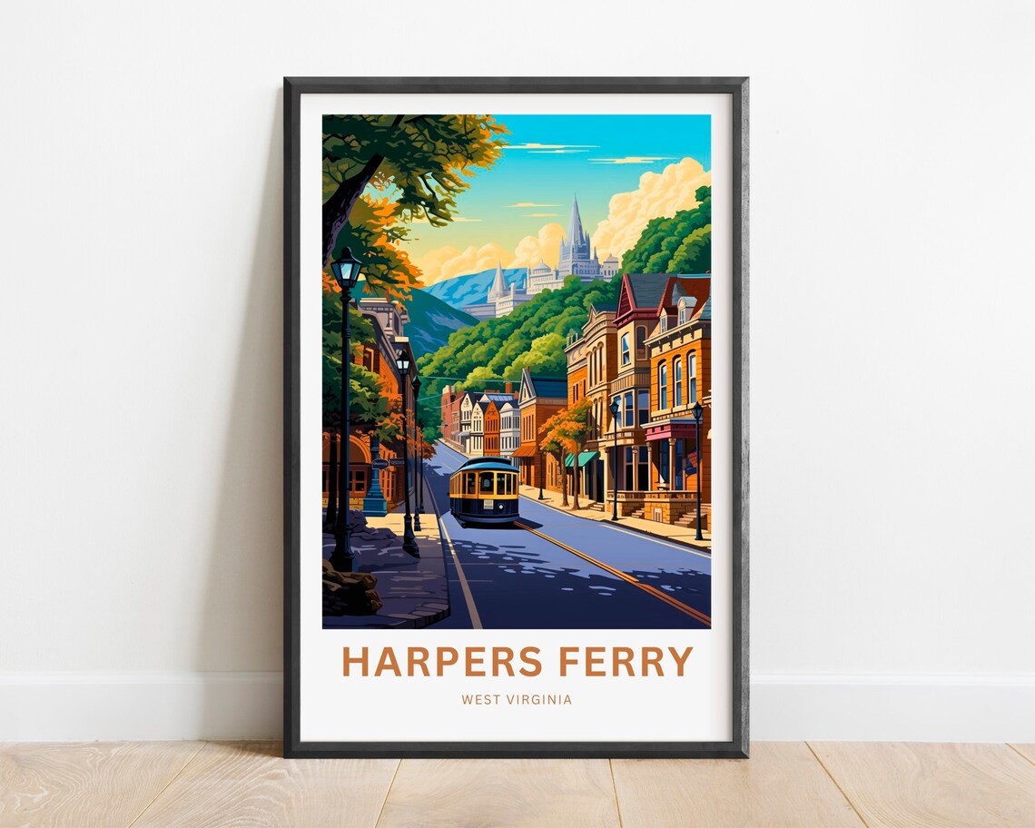 Harpers Ferry Trolley Street with Hilltop Church Scene Travel Poster