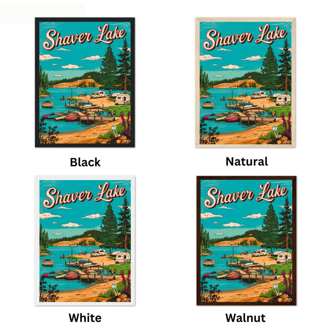 Shaver Lake Retro Script Campground Canoes Marina Scene Poster - Image 4