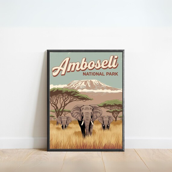 Amboseli National Park Retro Elephant Herd Kilimanjaro Poster