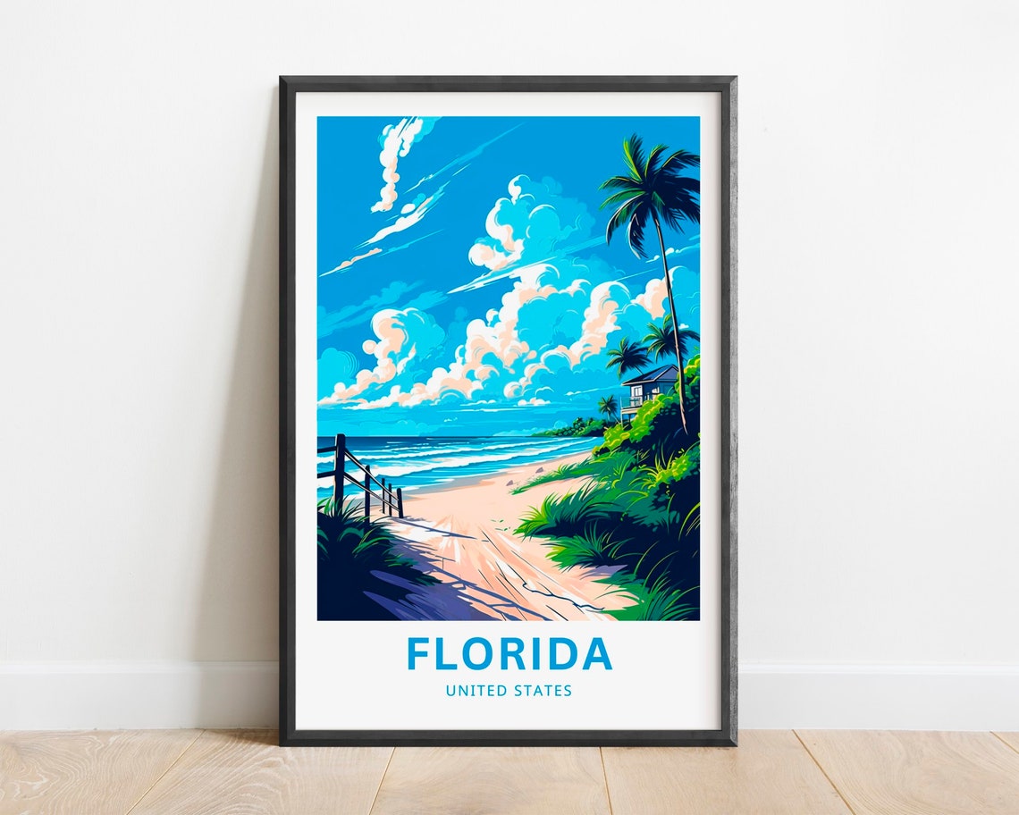Florida Sunny Beach Path Palms Ocean Coast Vintage Travel Poster