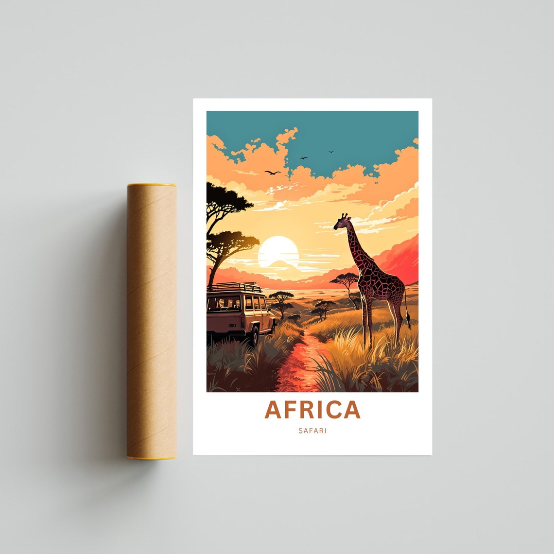 Africa Safari Giraffe and Jeep at Sunset Savanna Scene Poster - Image 4
