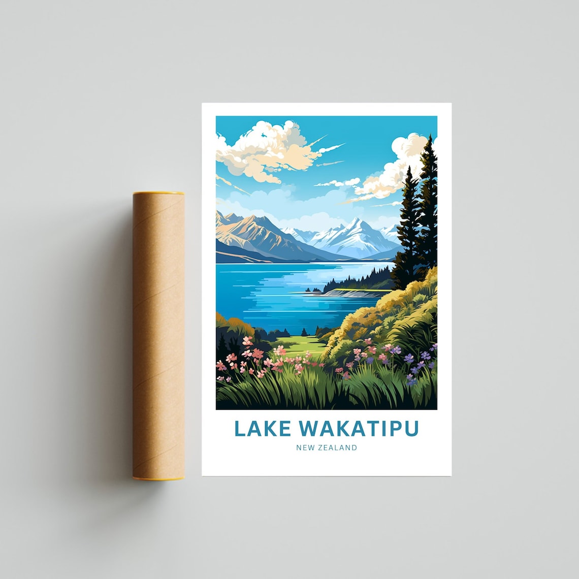 Lake Wakatipu New Zealand Meadow Vista with Wildflowers Poster - Image 4