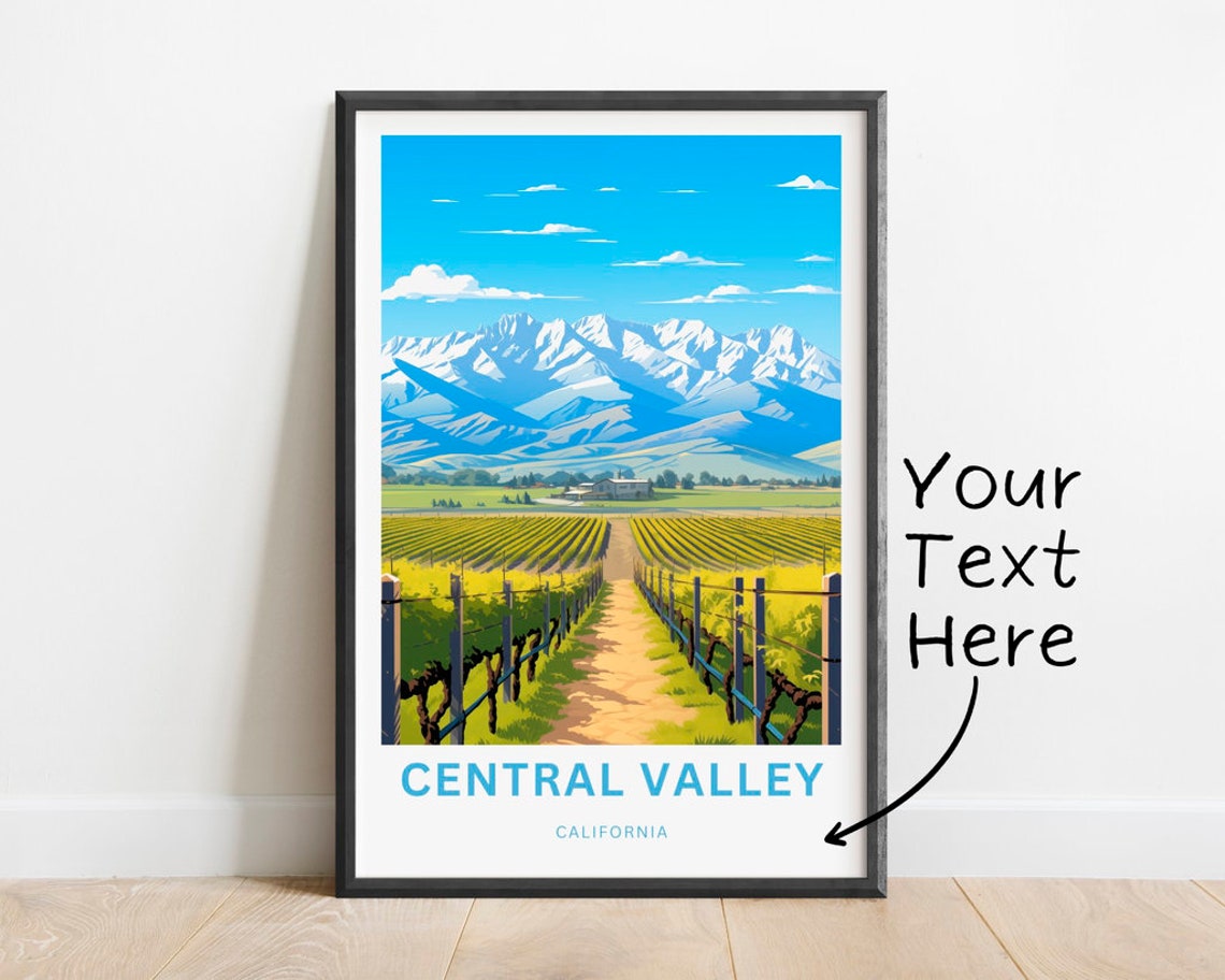 Central Valley California Vineyard Rows Snow Mountains Poster