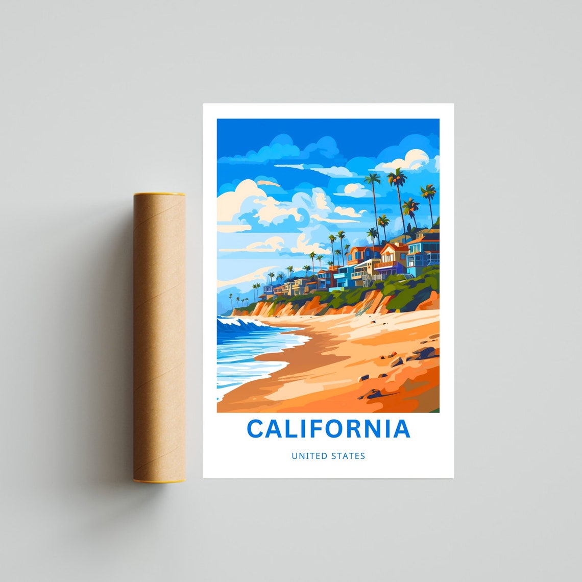 California United States Beach Cliffs Palm Trees Ocean Poster - Image 4