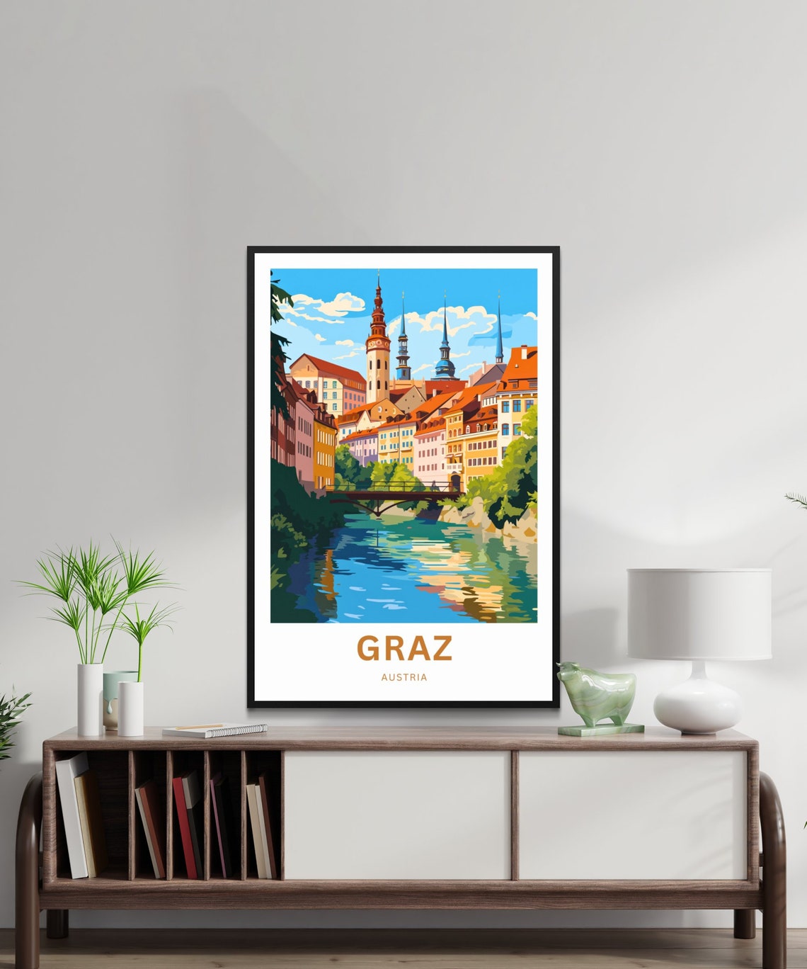 Graz Austria Riverfront Historic Buildings Bridge Custom Poster - Image 2