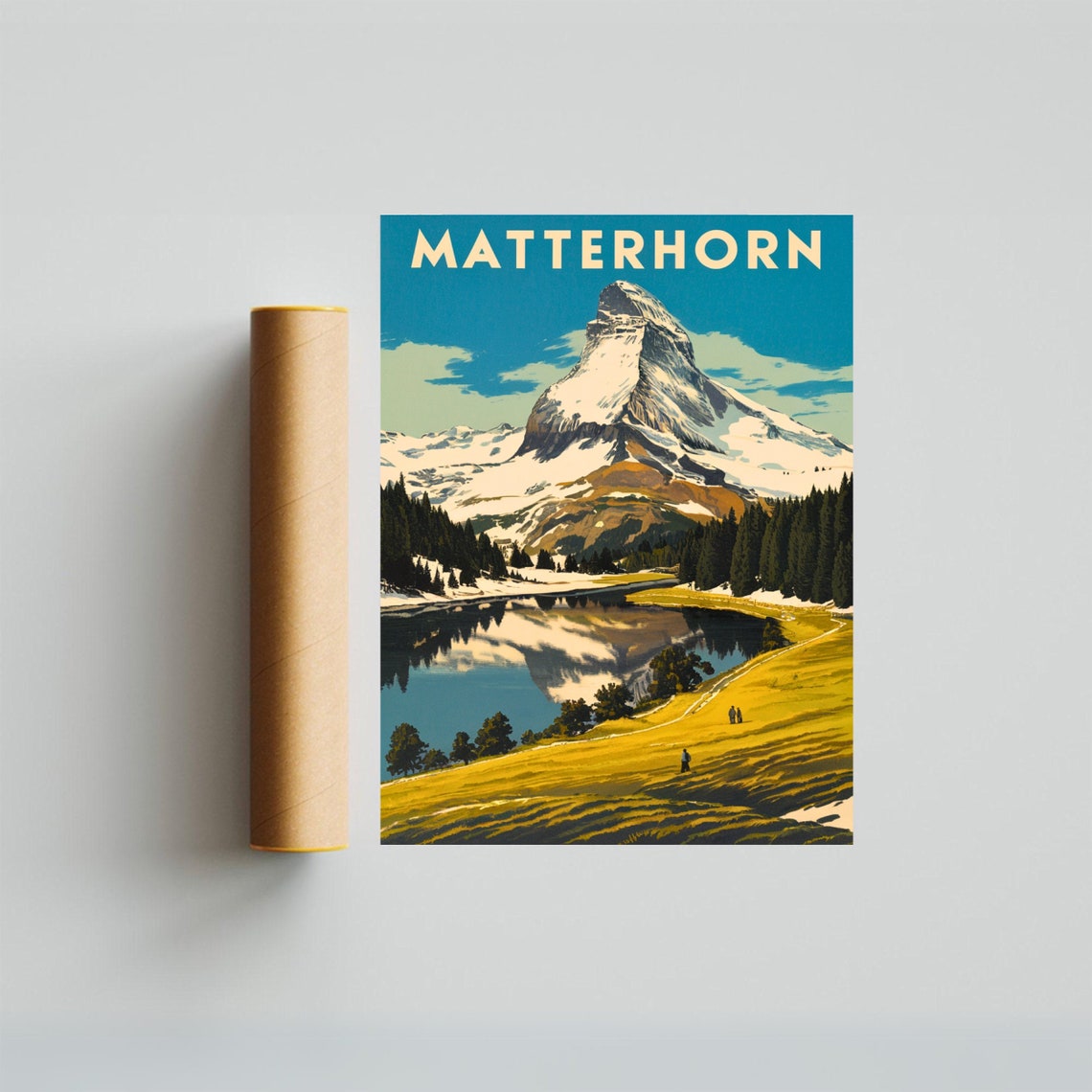 Matterhorn Snowy Slopes Pine Lake Reflection Meadow Vintage Poster - Image 3